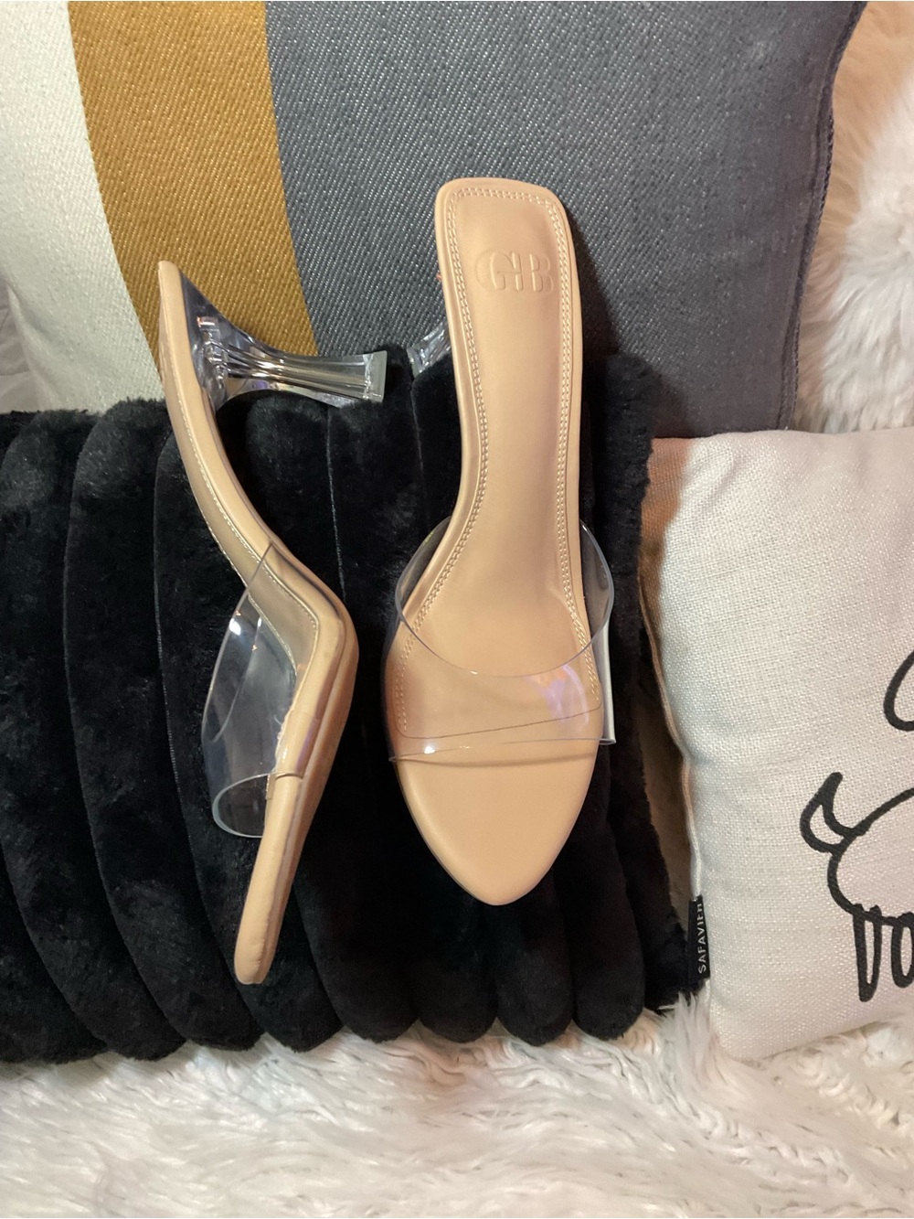 Gianni Bini Nude Clear Strap Mule Heels with Transparent Block Heel